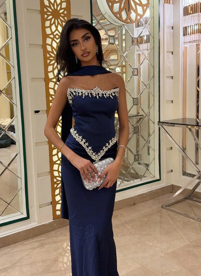 Navy Blue Sheath Strapless Exquisite Beaded Satin Prom Dress Evening Dress SH5397