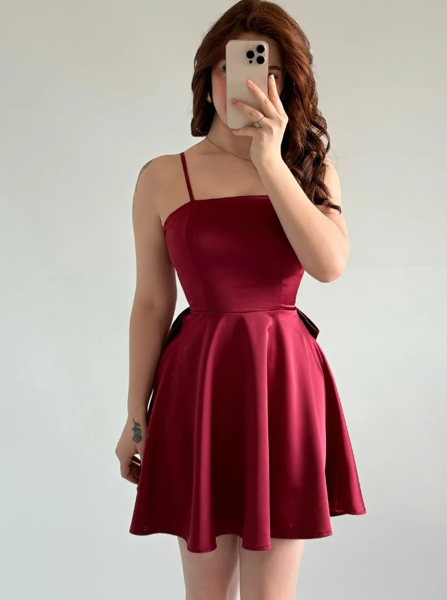 Simple Burgundy A Line Spaghetti Straps Bow Satin Short Prom Dress Homecoming Dress SH6011
