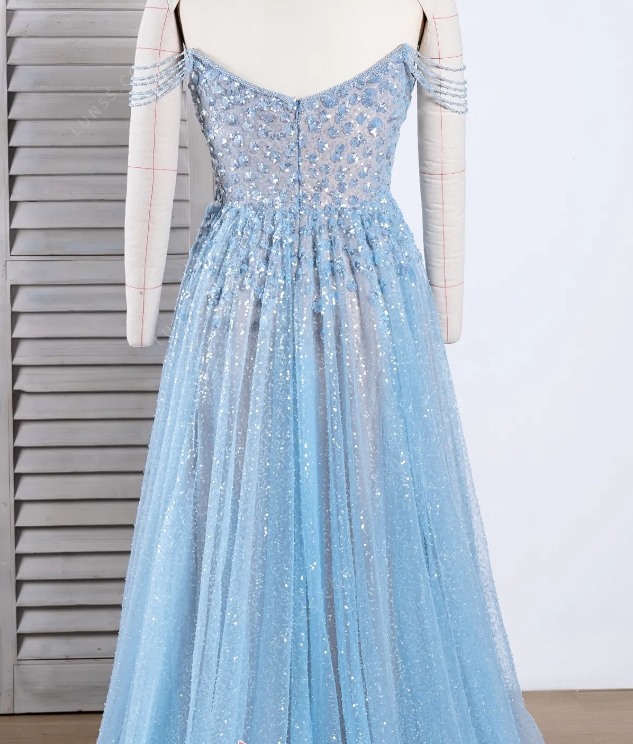 Elegant Light Blue Tulle Sequins Evening Dress Strapless Long Prom Dress SH375