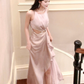 Light Pink A Line Straps Rhinestone Satin Prom Dress Evening Dress Formal Dress with Slit SH4085