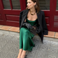 Simple Emerald Green A Line Spaghetti Strap Satin Open Back Prom Dress Wedding Guest Dress SH4452