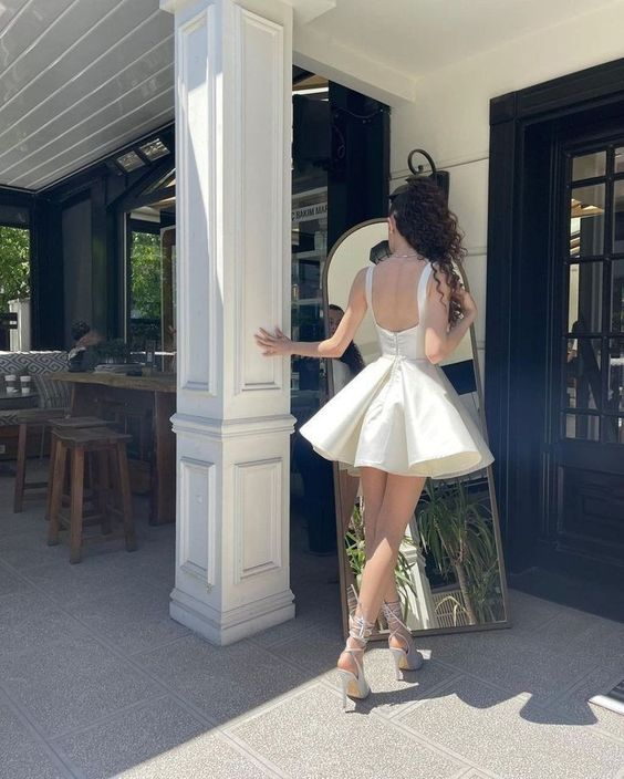 Simple Sequare Neck White Short Prom Dress,Elegant Homecoming Dress SH724