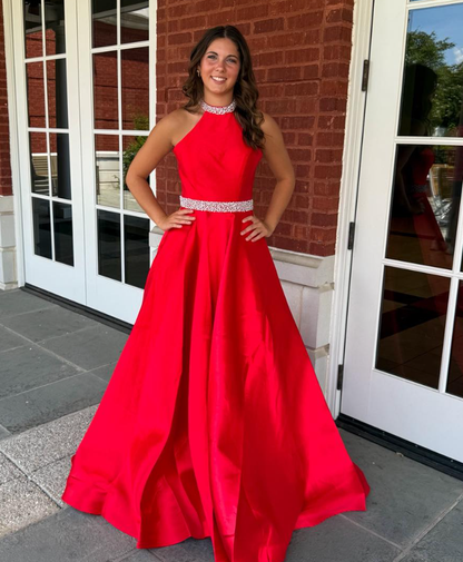 Red Ball Gown Halter Beaded Satin Long Prom Dress Evening Dress SH6584
