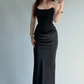 Elegant Sheath Strapless Black Satin Long Prom Dress Evening Dress SH7295