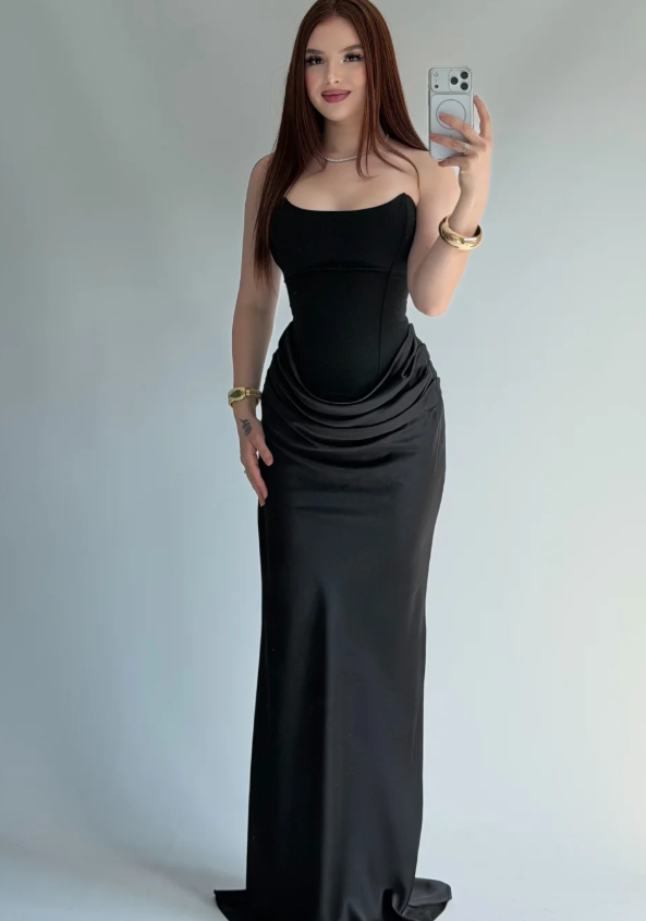 Elegant Sheath Strapless Black Satin Long Prom Dress Evening Dress SH7295