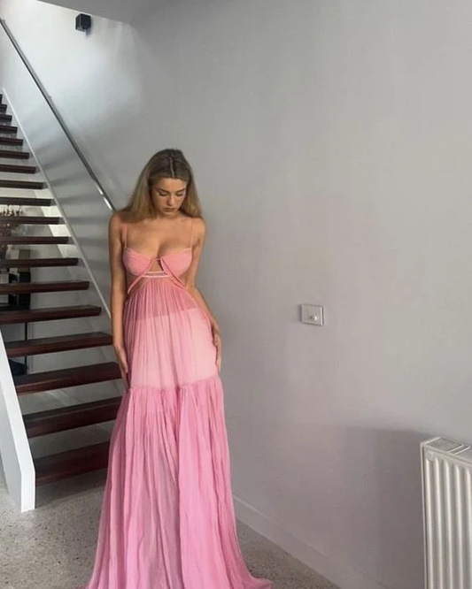 Pink Backless Chiffon A Line Evening Party Dress Long Prom Dress  SH1487