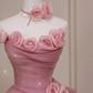 Pink A Line Strapless Floral Tulle Prom Dress Graduation Prom Dress SH5270