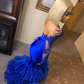 Royal Blue Satin Applique Layered Tulle Mermaid Prom Dress With Long Sleeves Gloves SH925