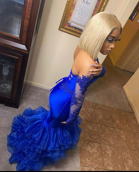 Royal Blue Satin Applique Layered Tulle Mermaid Prom Dress With Long Sleeves Gloves SH925