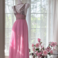 Shiny Pink Beaded Silver Sequin V Neck Chiffon Date Dress Evening Dress Wedding Guest Dress SH3438