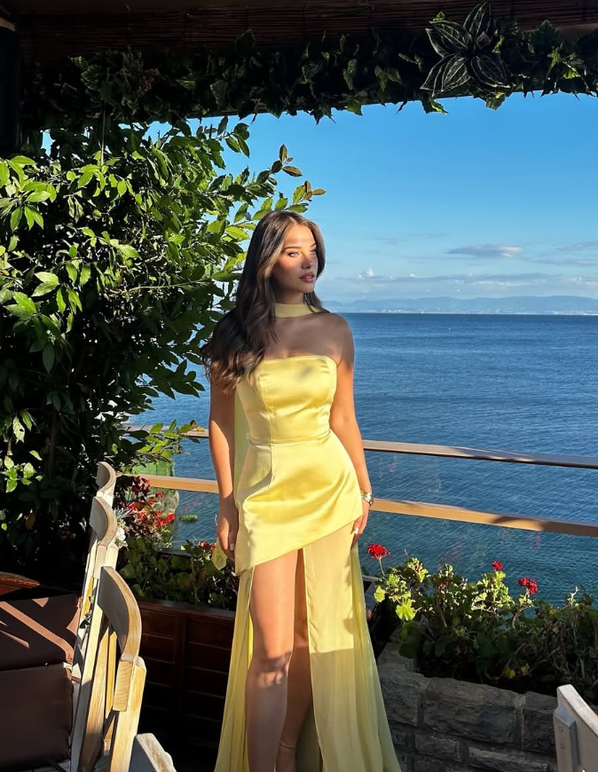 Yellow A Line Strapless Chiffon Satin Prom Dress Wedding Guest Dress with Slit SH4743