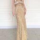 Shiny Gold Vintage A Line Straps Sequin Chiffon Long Prom Dress Wedding Guest Dress SH5507