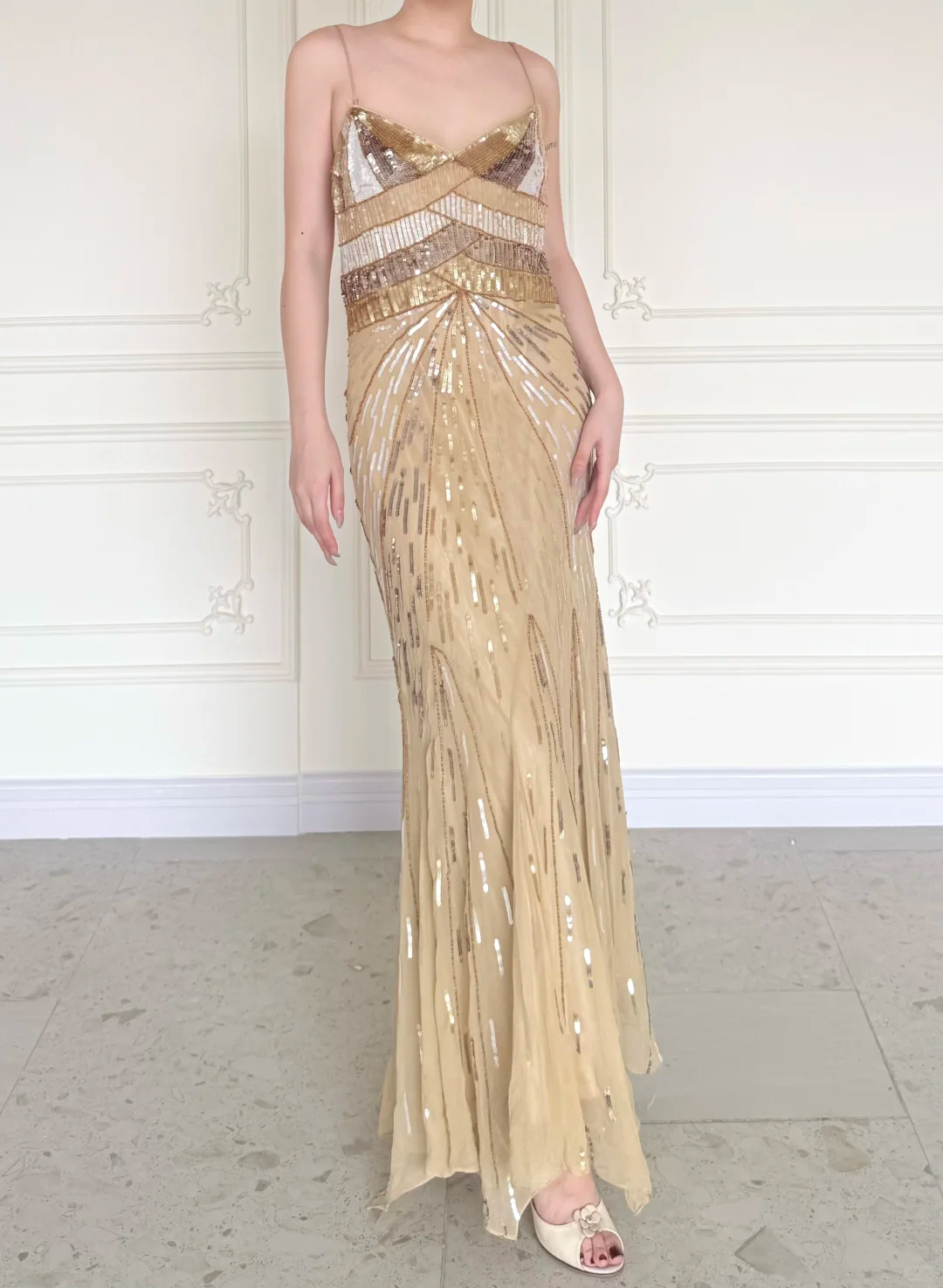 Shiny Gold Vintage A Line Straps Sequin Chiffon Long Prom Dress Wedding Guest Dress SH5507