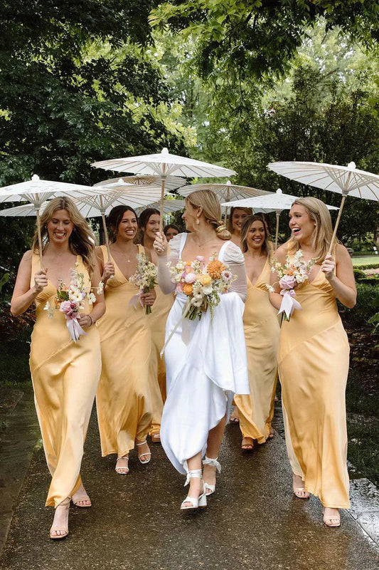 Yellow Cowl Neck Back Sheath Satin Bridesmaid Dress SH6557