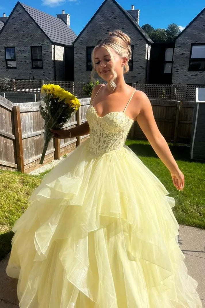 Yellow Ball Gown Spaghetti Strap Layered Tulle Long Prom Dress Evening Dress SH8197