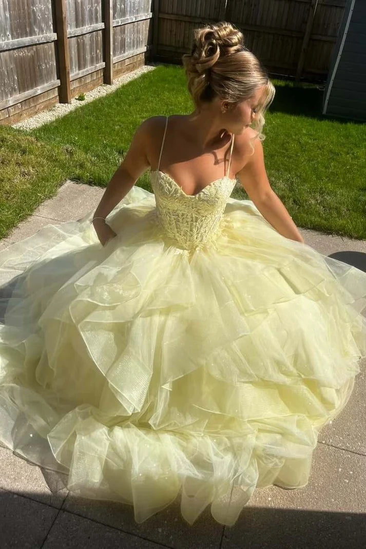 Yellow Ball Gown Spaghetti Strap Layered Tulle Long Prom Dress Evening Dress SH8197