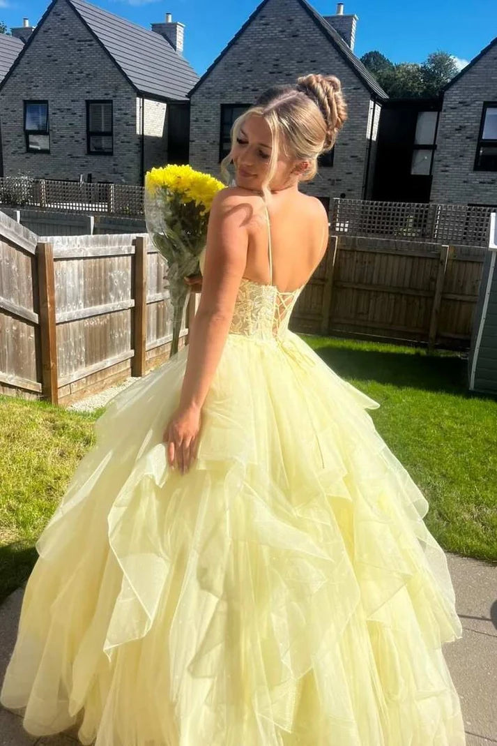 Yellow Ball Gown Spaghetti Strap Layered Tulle Long Prom Dress Evening Dress SH8197