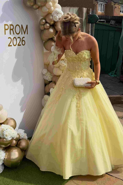 Yellow A Line Strapless Sweetheart Lace Tulle Long Prom Dress SH8191