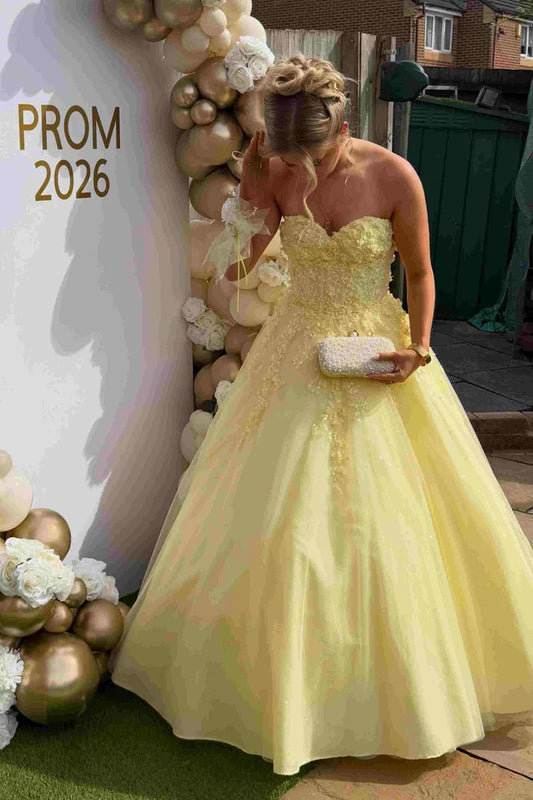 Yellow A Line Strapless Sweetheart Lace Tulle Long Prom Dress SH8191
