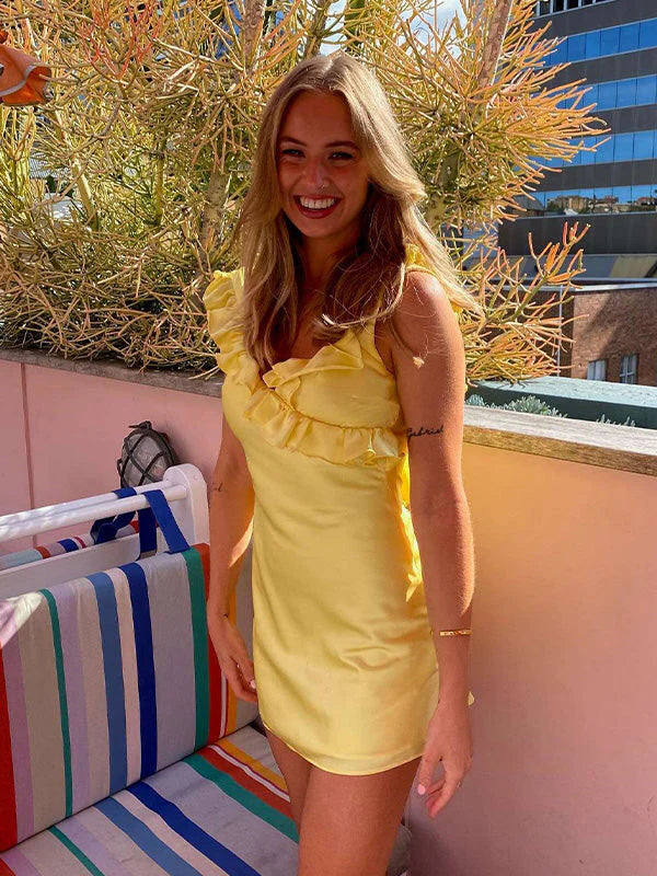 Yellow Ruffles A Line Straps Satin Backless Homecoming Dress Party Dress SH5929