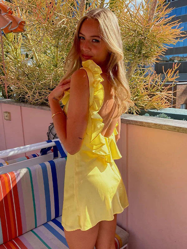 Yellow Ruffles A Line Straps Satin Backless Homecoming Dress Party Dress SH5929