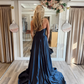 Elegant A Line Sweetheart Neck Navy Blue Satin Long Prom Dress Evening Dress SH2315