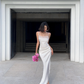 Elegant White Sheath Spaghetti Strap Lace Satin Long Prom Dress Vacation Dress with Slit SH4314