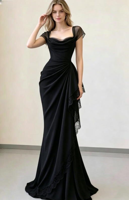 Elegant Black Mermaid Straps Pleated Chiffon Prom Dress Evening Dress SH5498