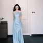 Elegangt Blue A Line Strapless Pleated Bow Satin Prom Dress Party Dresses SH4585