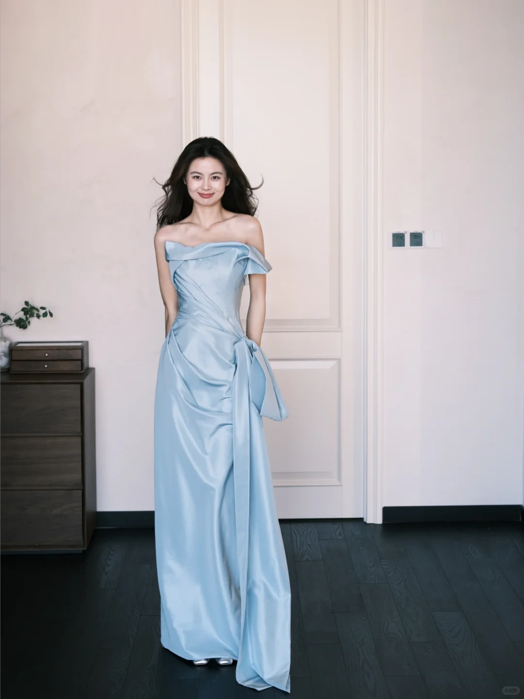 Elegangt Blue A Line Strapless Pleated Bow Satin Prom Dress Party Dresses SH4585