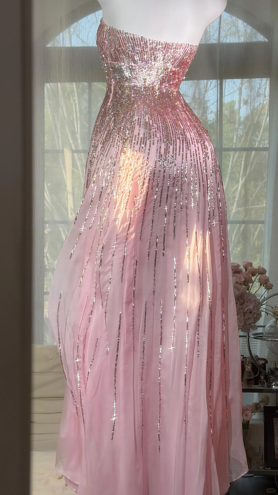 Pink Fairy A Line Strapless Shiny Sequin Chiffon Prom Dress Graduation Prom Dress SH5341