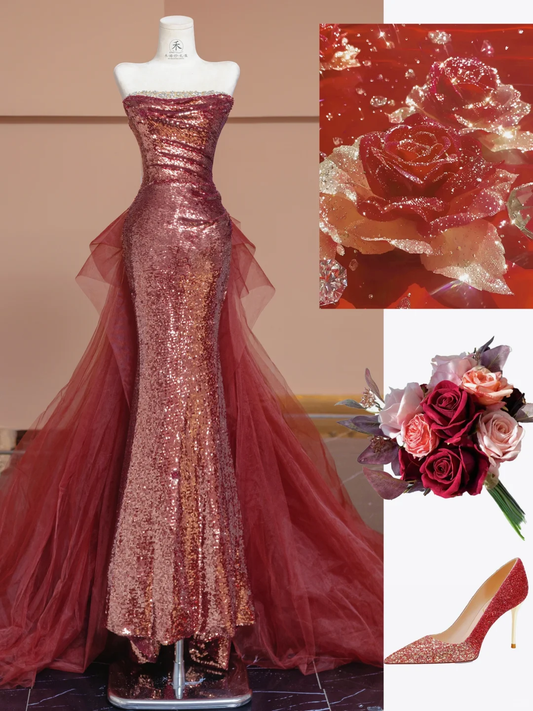 Shiny Mermaid Strapless Red Sequin Tulle Long Prom Dress Party Dress SH4366