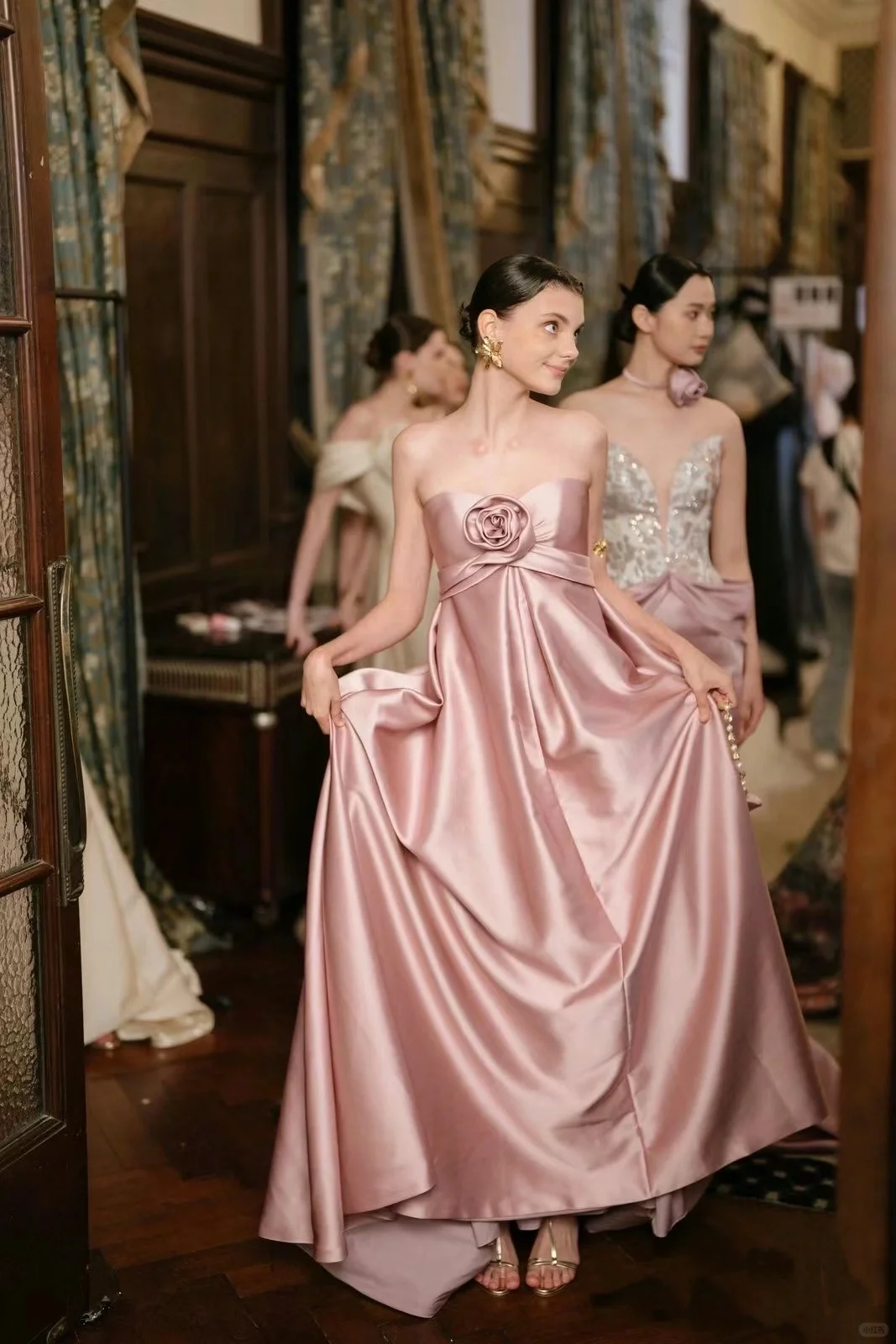 Pink A Line Sweetheart Neck Cute 3D Floral Satin Prom Dress Party Dress SH4738