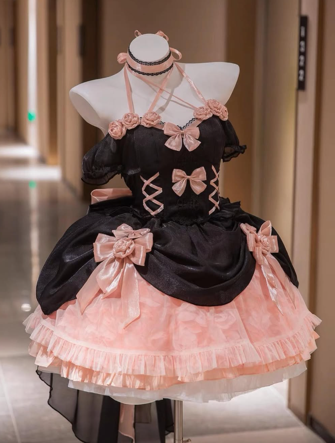 Black-pink Cute Ball Gown Off the Shoulder Bow Satin Tulle Short Prom Dress Homecoming Dress SH6438