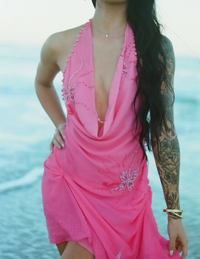 Sexy Pink Sheath Halter Pleated Beaded Chiffon Vacation Dress Outfits SH3893