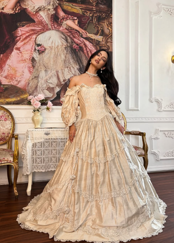 Apricot Vintage Ball Gown Long Sleeve Embroidery Beaded Satin Long Prom Dress SH5486