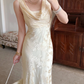 Gentle Mermaid Print Flower Light Champagne Chiffon Long Prom Dress Evening Dress SH6050