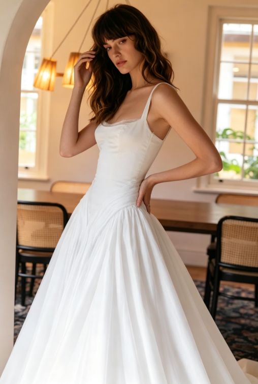 Ethereal A Line Spaghetti Strap Pleated White Chiffon Satin Long Wedding Dress SH7065
