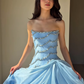 Exquisite A Line Strapless Beaded Blue Satin Long Prom Dress Evening Dress SH6744