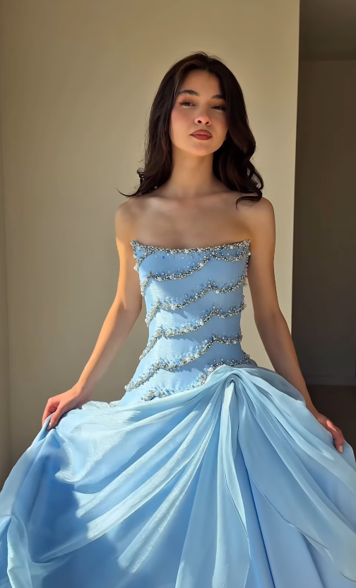 Exquisite A Line Strapless Beaded Blue Satin Long Prom Dress Evening Dress SH6744