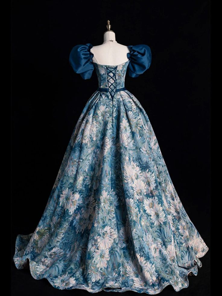 Blue Printed Long Prom Dress A Line Ball Gown Evening Dress SH1271