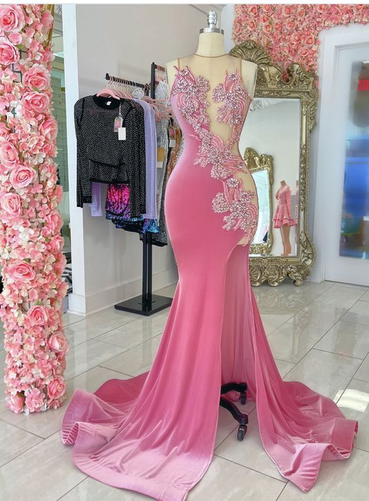 Pink Velvet Applique Beaded Prom Dresses, Sexy Mermaid Slit Evening Dresses SH837