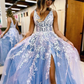 Shiny Blue Tulle Appliques Slit Prom Dress Evening Dress SH997