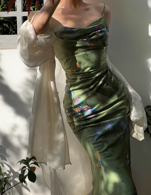 Green Simple Sheath Spaghetti Strap Print Floral Satin Prom Dress Evening Dress Formal Gown SH4046