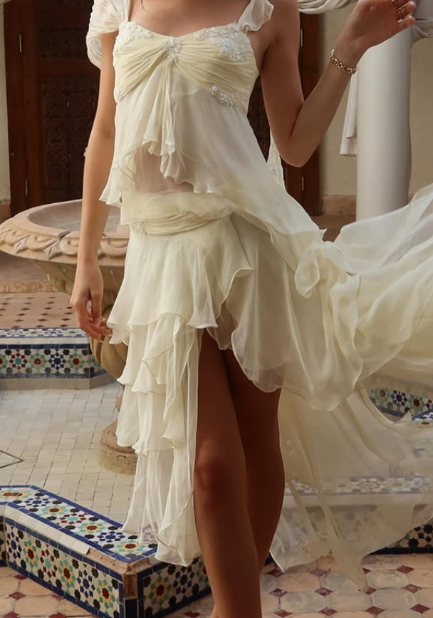 Gentle A Line Two Piece Appliques Tiered Ivory Chiffon Party Dress Evening Dress SH2886