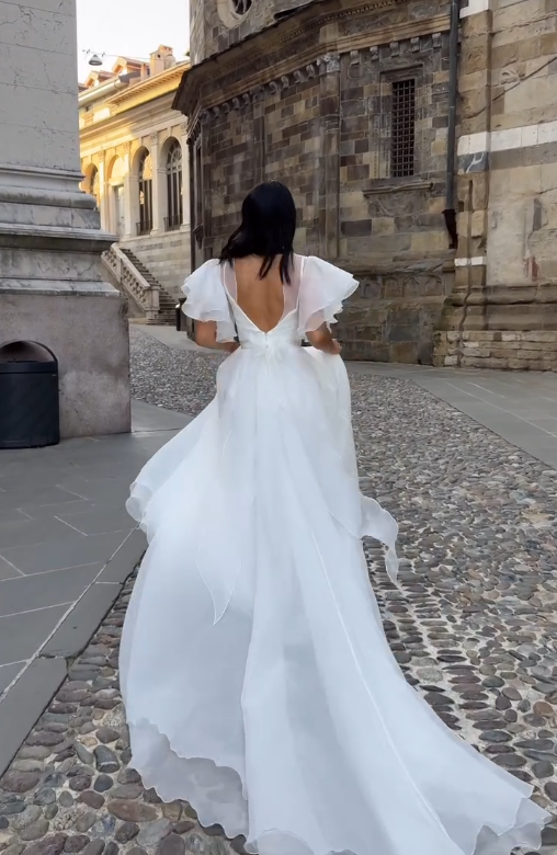 Stunning Ball Gown White Ruffle Organza Long Sweep Wedding Dress SH4709