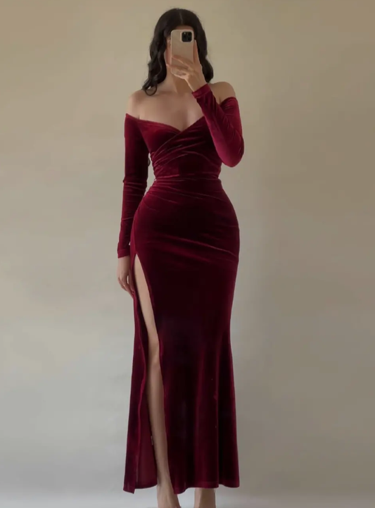 Sexy Burgundy Sheath Long Sleeve Simple Velvet Prom Dress Evening Dress SH5527