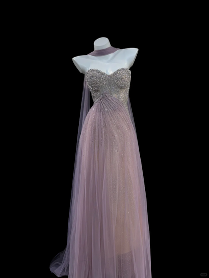 Purple A Line Sweetheart Neck Exquisite Beaded Tulle Long Prom Dress SH5001
