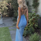 Blue Sexy Long Prom Dress See-through Evening  Dress Party Dress SH949