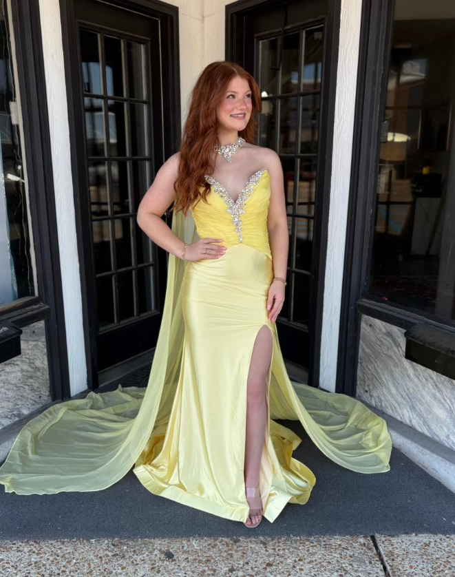 Pretty Yellow Mermaid Sweetheart Neck Rhinestone Satin Prom Dress Party Evening Dress SH7238